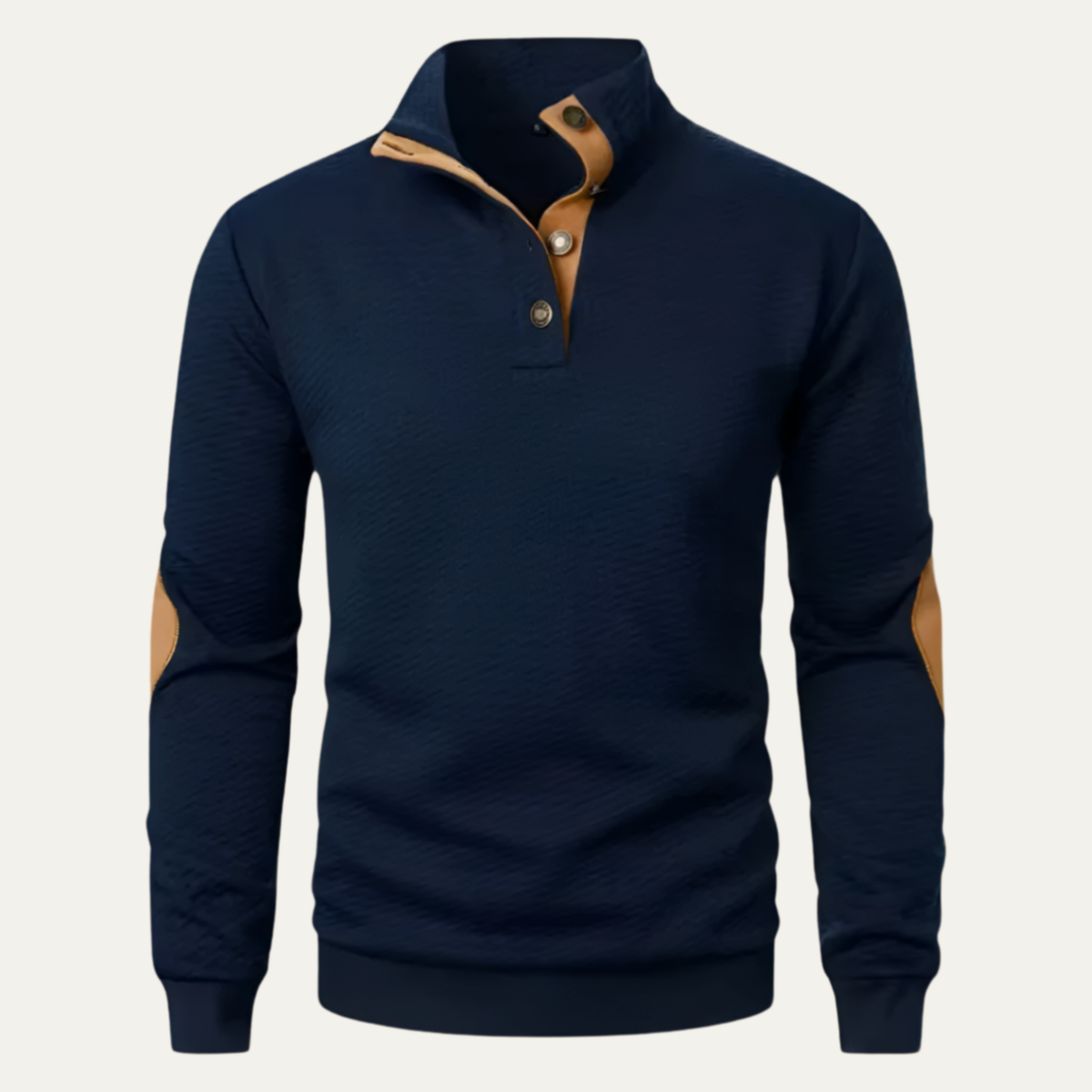 Navy quarter-zip sweater back view with ribbed cuffs and tan collar lining