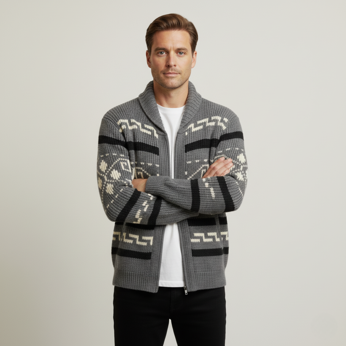 Men's gray Aztec-pattern shawl-collar cardigan with zipper and ribbed cuffs