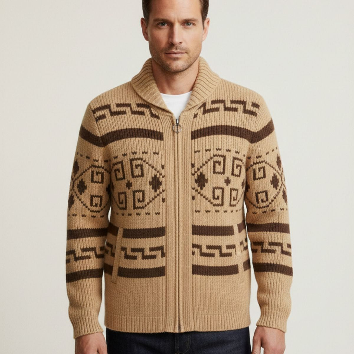 Men's khaki zip-up shawl-collar sweater with bold geometric knit pattern