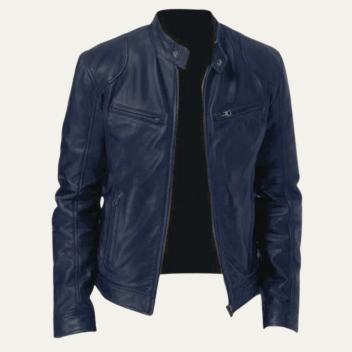 Men's navy blue leather zip-up jacket with stand collar and chest pockets