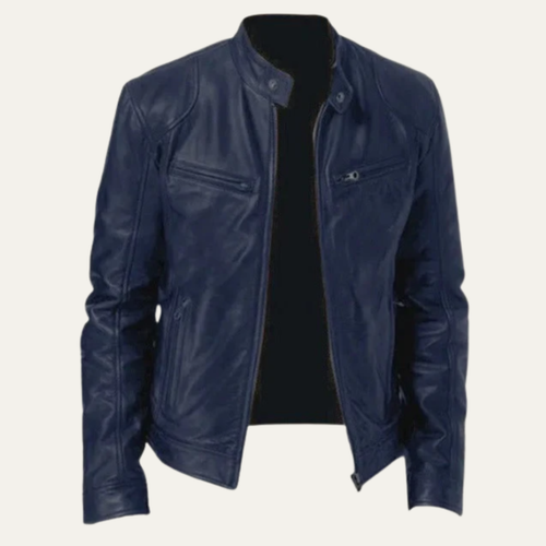 Men's navy blue leather zip-up jacket with stand collar and chest pockets