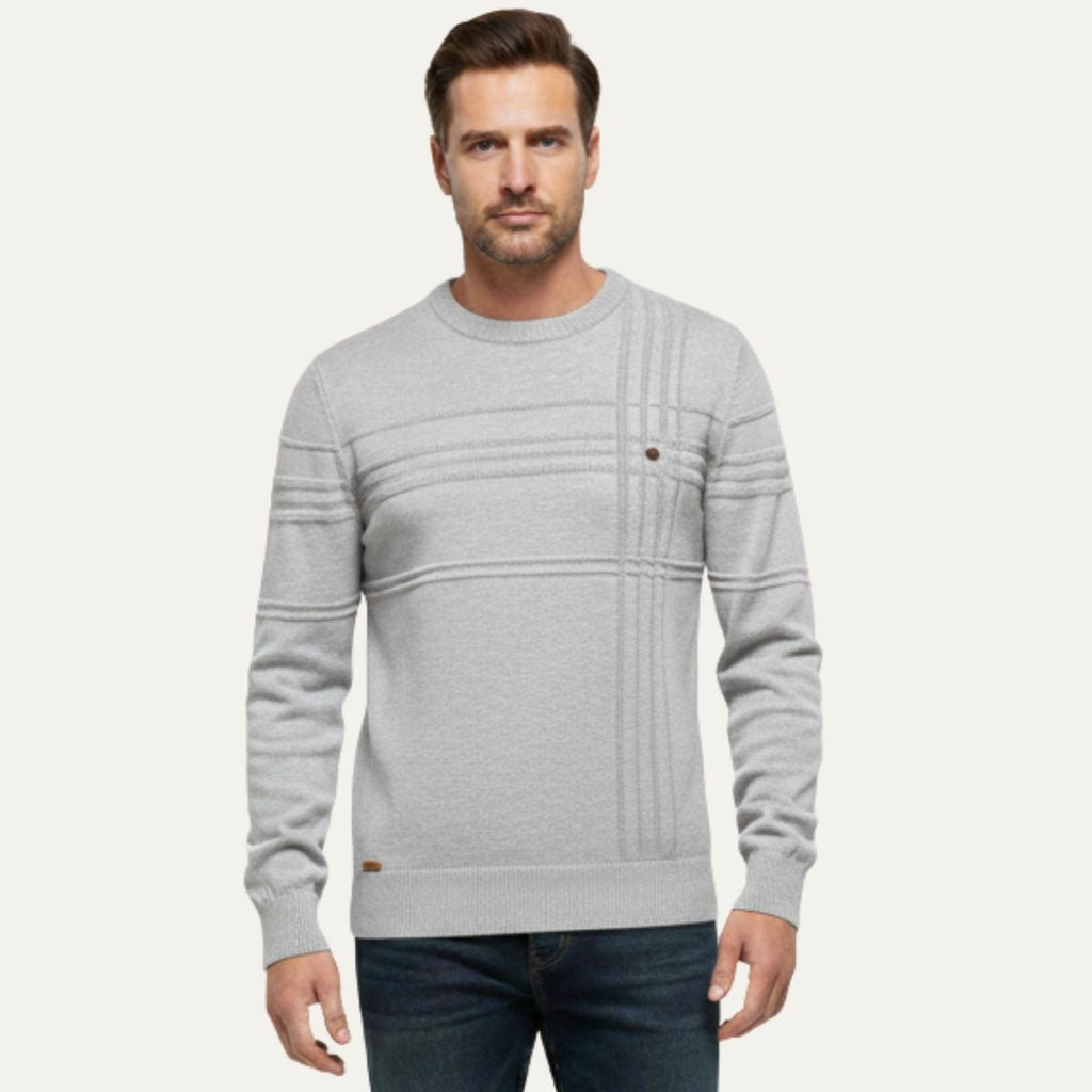 Men's light gray crew neck sweater on model, ribbed cuffs and vertical stripe panel