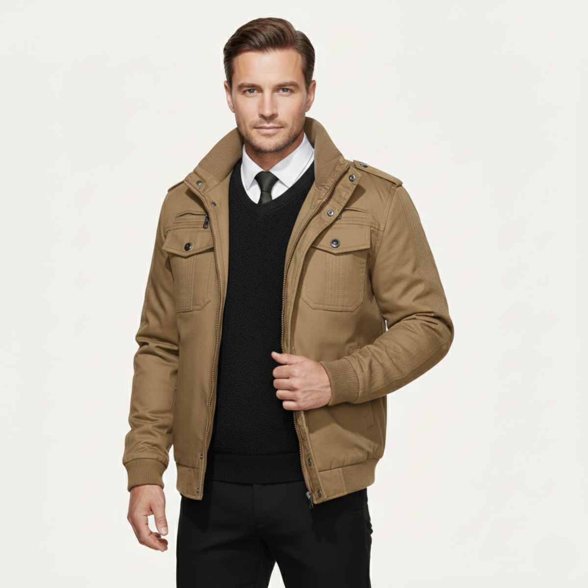 Khaki men’s thermal zip-up fleece-lined jacket, stand collar, zip front and pockets
