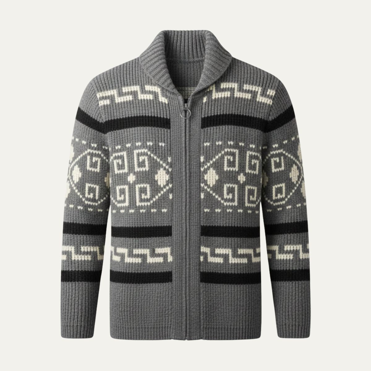 Gray knit cardigan with shawl collar, zip front, and white geometric fair isle pattern