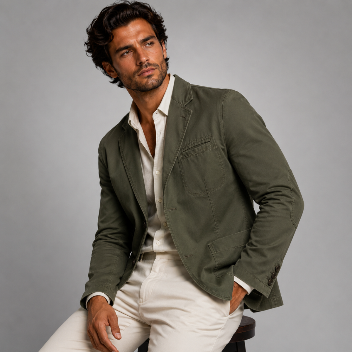 Men's dark green casual blazer jacket with notch lapels and button front