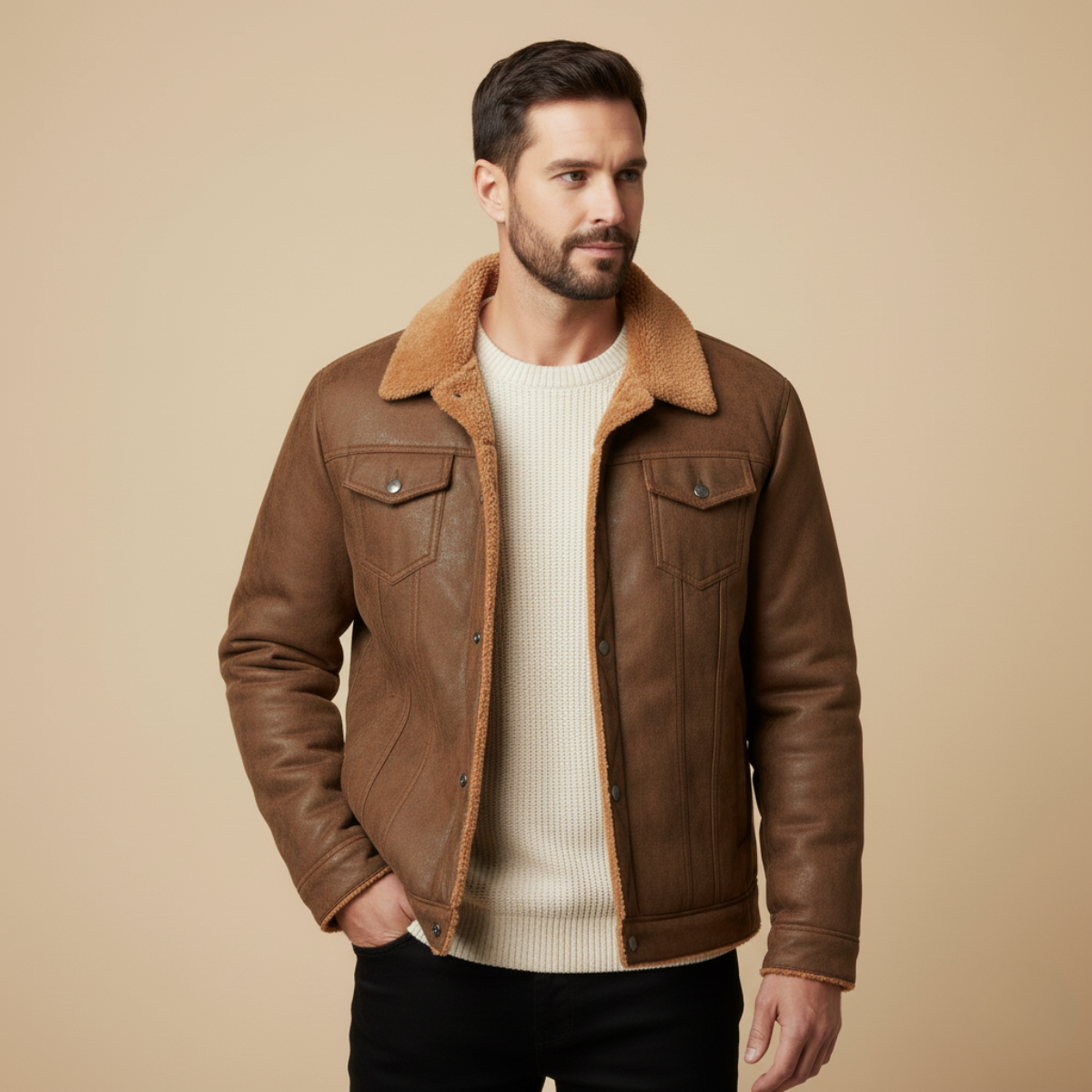Men's brown suede sherpa-lined jacket, sherpa collar, button front, chest pockets