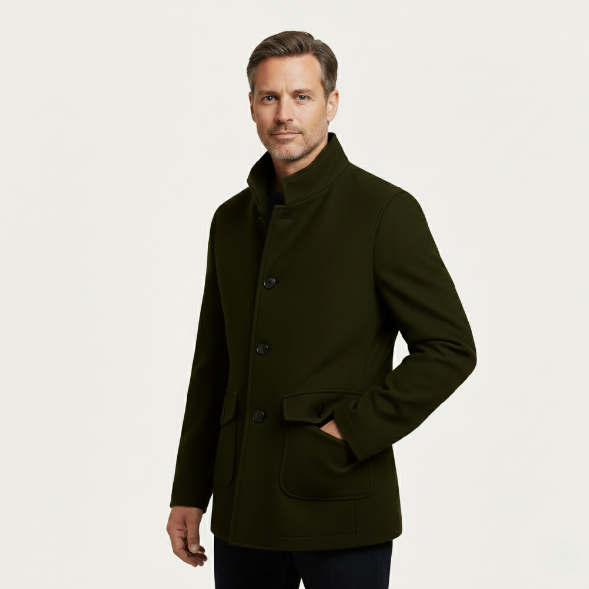 Men's dark green wool overcoat with stand collar, button front, and side flap pockets
