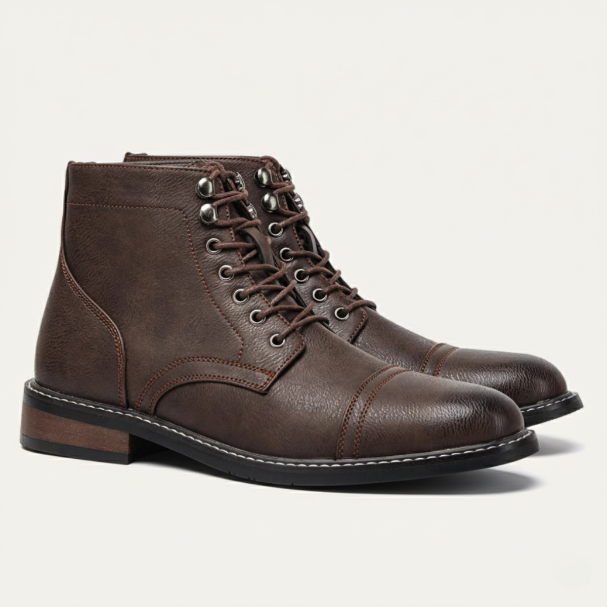 Men's lace-up ankle boots in dark brown faux leather with metal eyelets and stitched sole