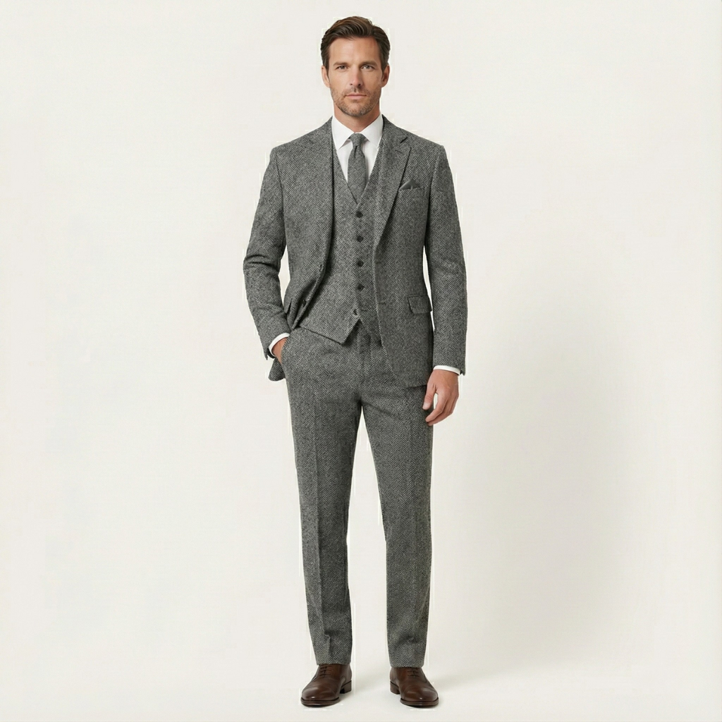 Men's light gray tweed herringbone 3-piece suit, slim fit, with vest