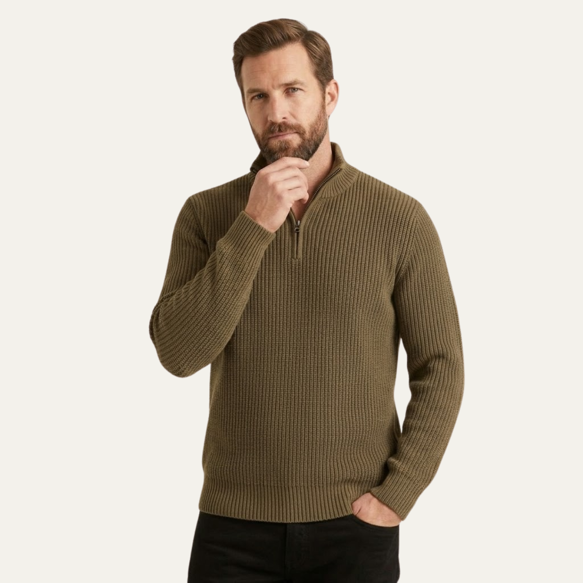 Men’s brown merino wool half-zip sweater on model, knit texture with ribbed sleeves