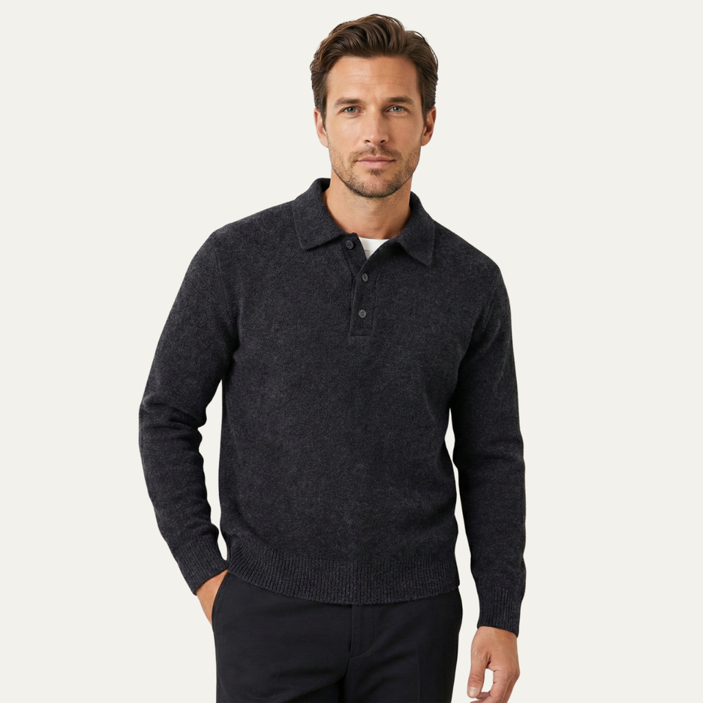Men's soft knit polo sweater in dark gray with polo collar, buttons, and ribbed hem