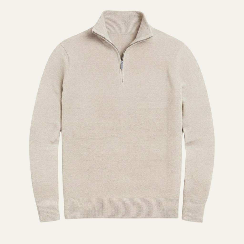 Men's white quarter-zip knit sweater with ribbed collar and cuffs
