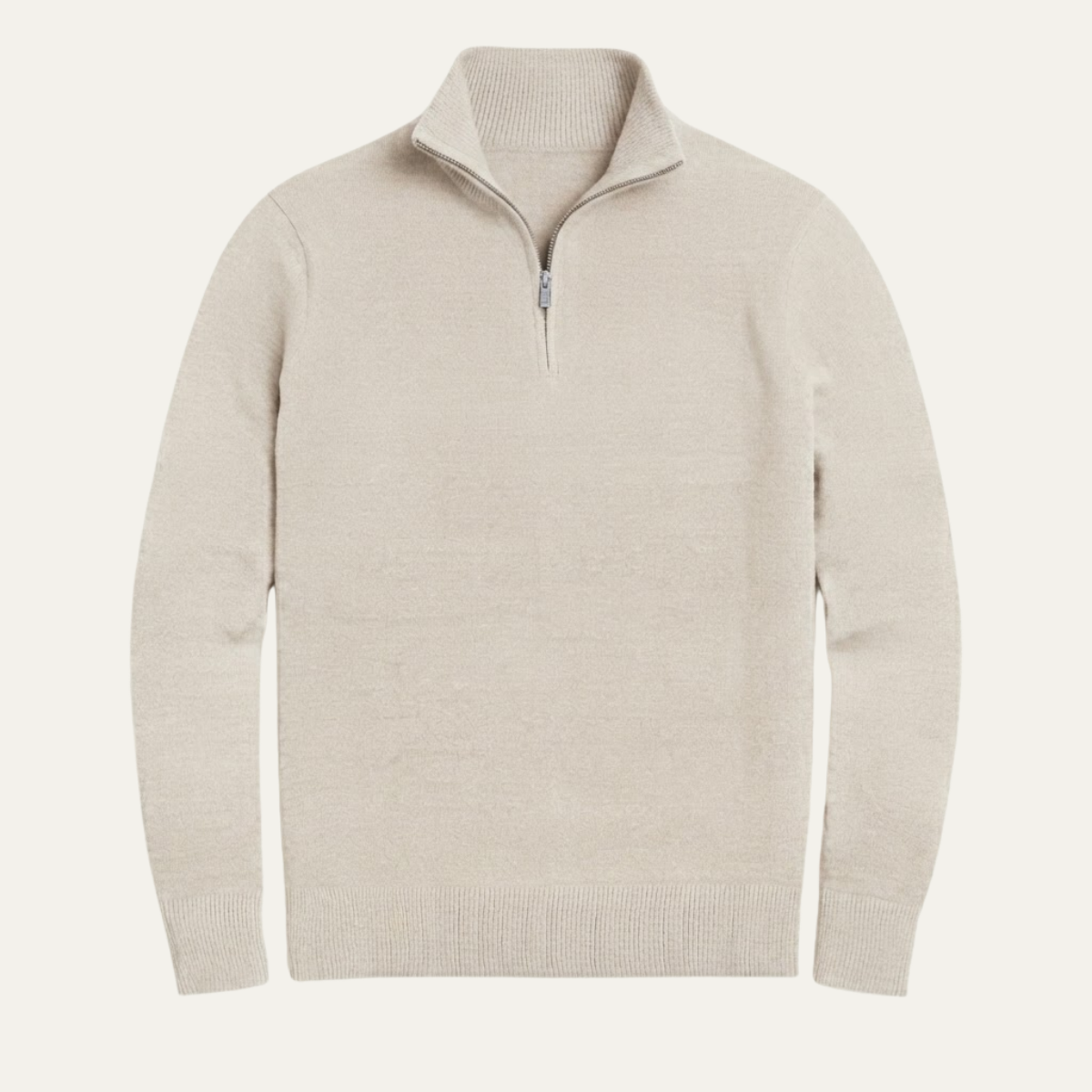 Men's white quarter-zip knit sweater with ribbed collar and cuffs