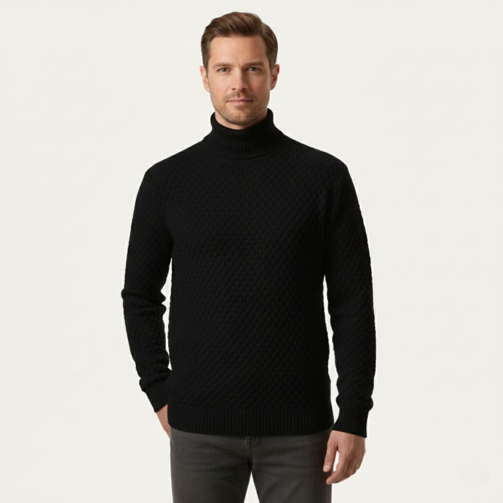Black thick wool knit turtleneck sweater on model, ribbed cuffs and hem