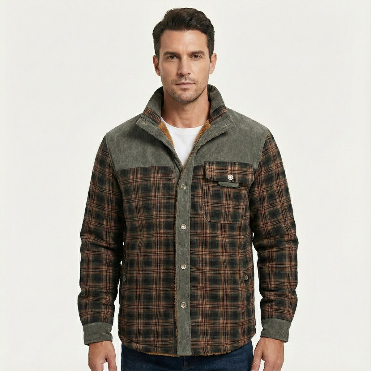 Men's warm plaid check jacket in olive gray with sherpa collar and chest pocket