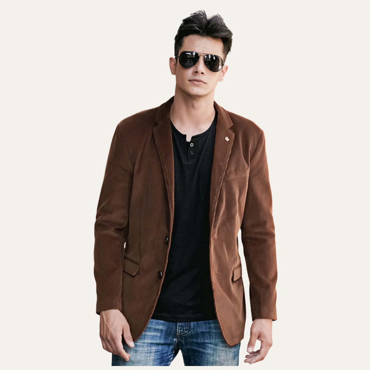 Men’s brown corduroy blazer with flap chest pocket and side flap pockets