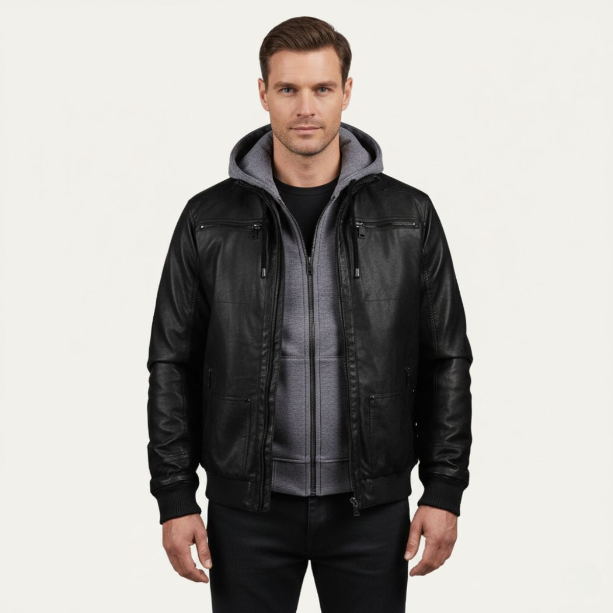 Men's black hooded leather bomber jacket with front zipper and ribbed cuffs