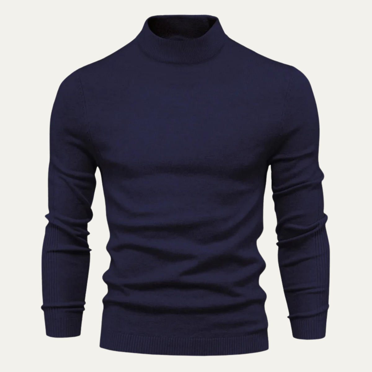 Men's slim fit navy turtleneck sweater with long sleeves and ribbed hem