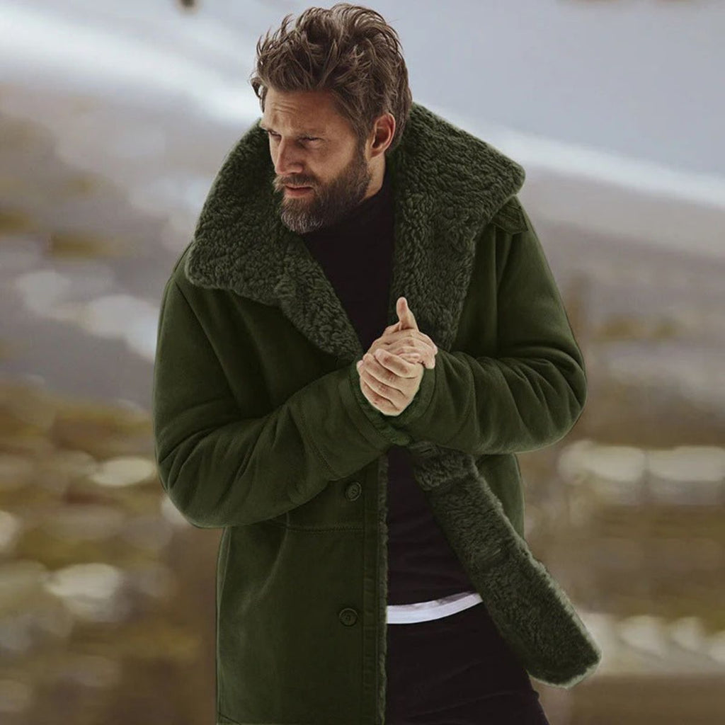 Men's sherpa-lined wool overcoat, green with dark sherpa lining and button placket