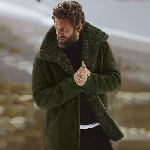 Men's sherpa-lined wool overcoat, green with dark sherpa lining and button placket
