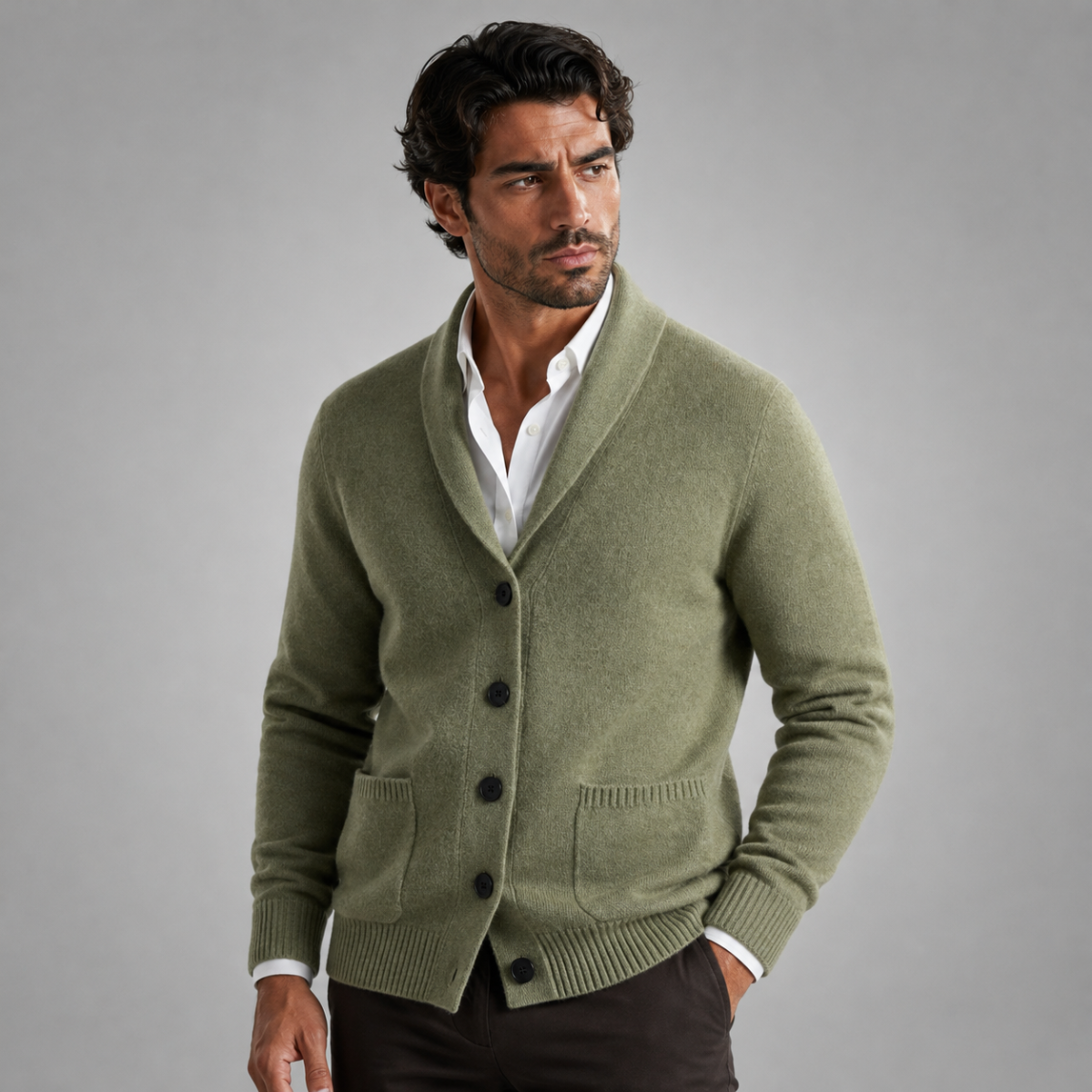 Men’s camel green knit cardigan with shawl collar, button front, and patch pockets