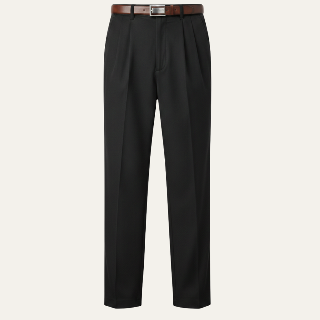 Men's double-pleated high-waist straight-leg pants in black, belt loops