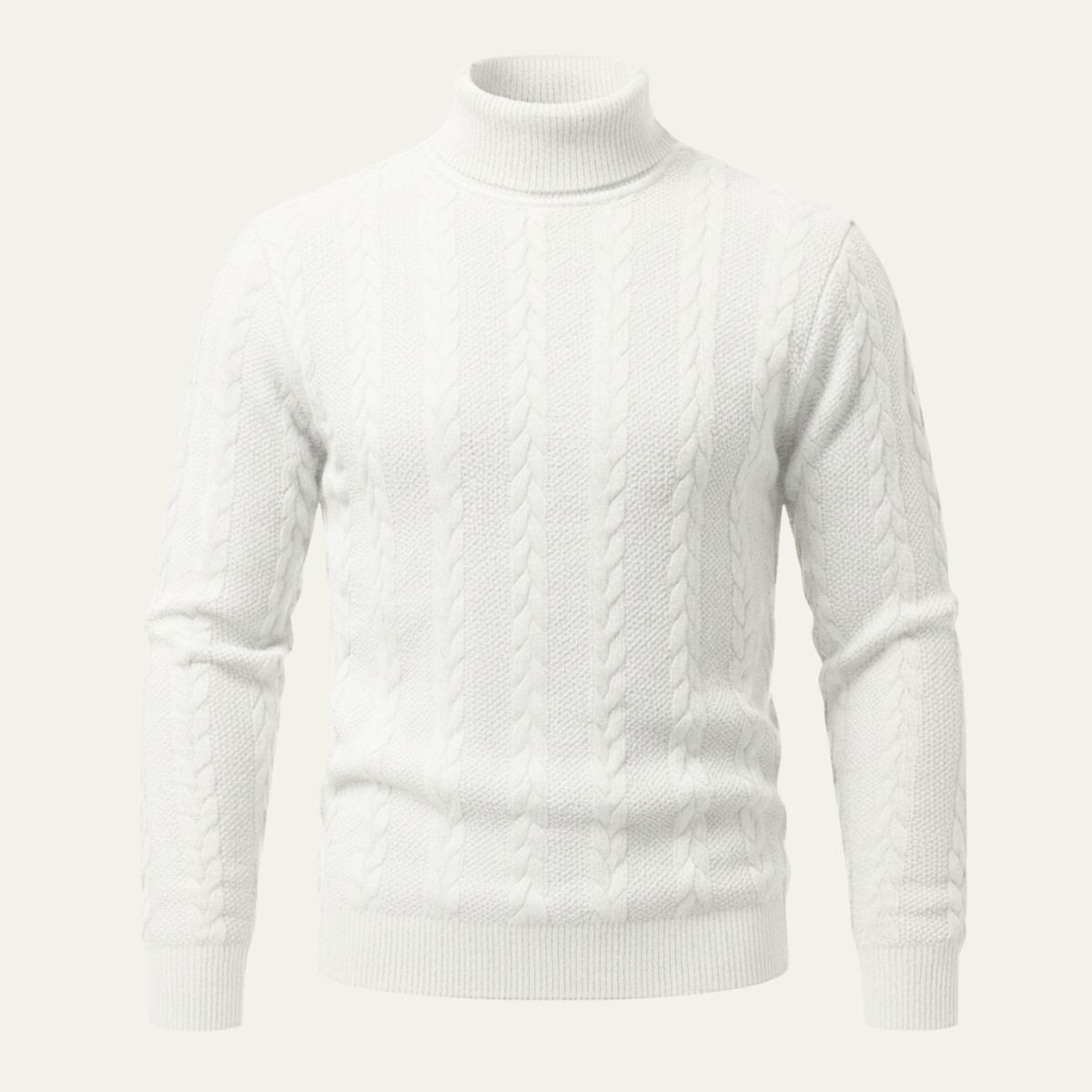 Men's cable knit turtleneck sweater, white