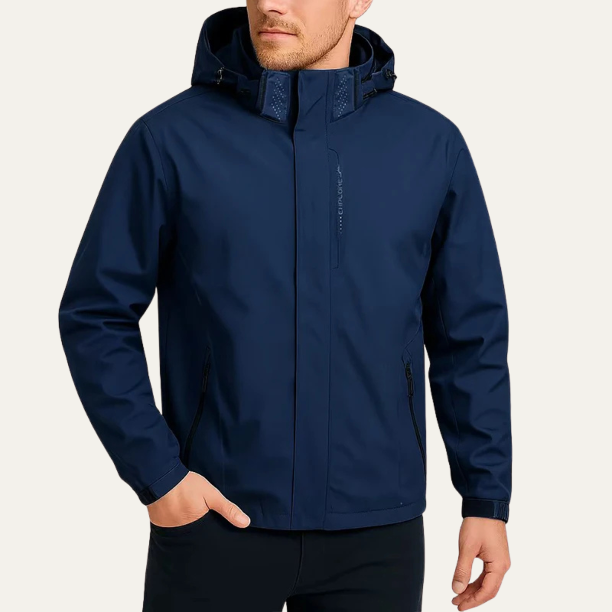 Navy blue hooded waterproof rain jacket with full front zipper and side zip pockets