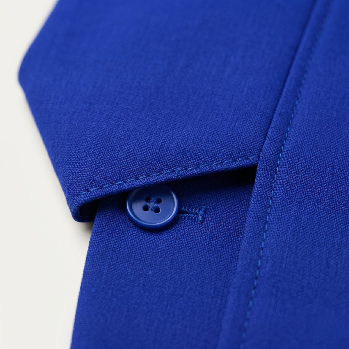 Blue suit jacket lapel detail with button and visible edge stitching