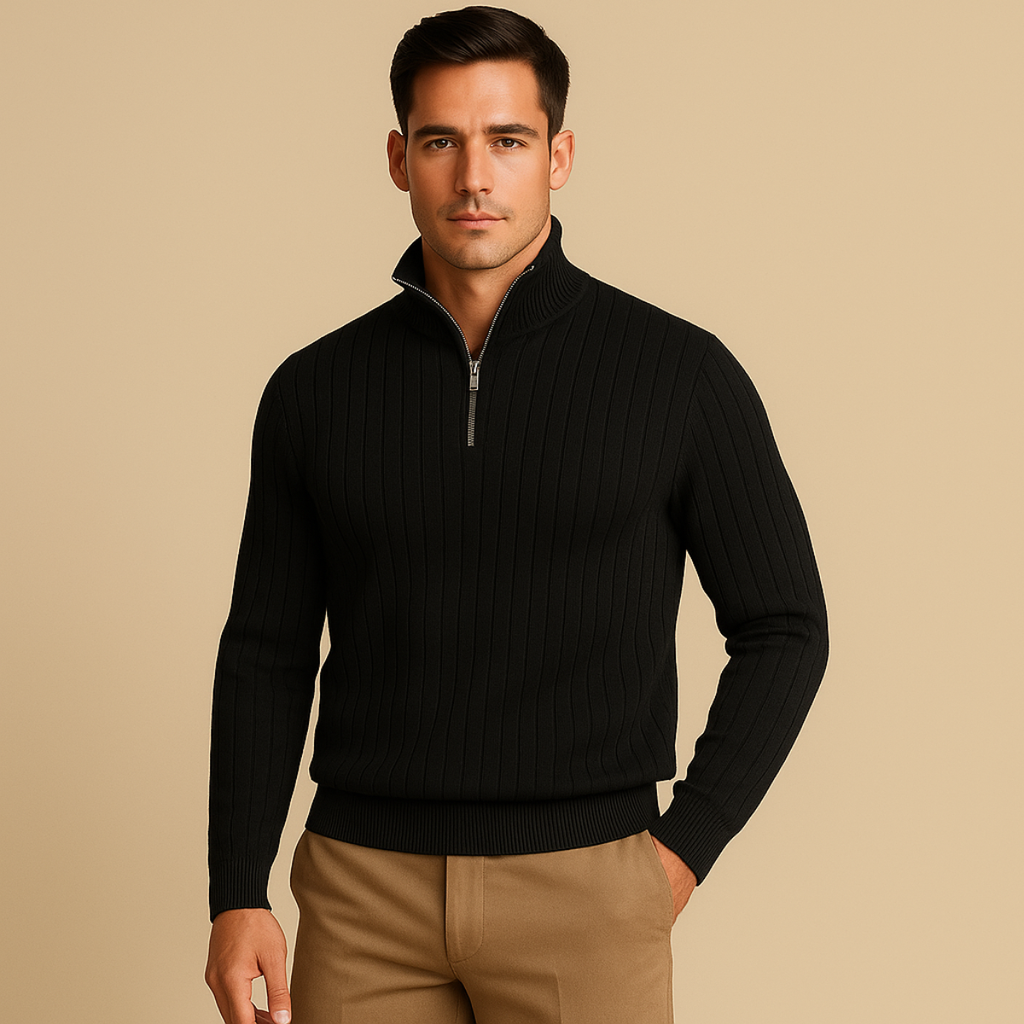 Men's ribbed half-zip sweater in black, long sleeves with stand collar zipper.