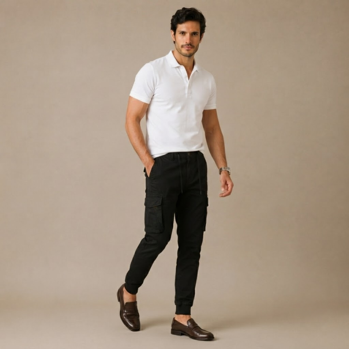 Black slim cargo jogger pants on model, drawstring waist and cuffs