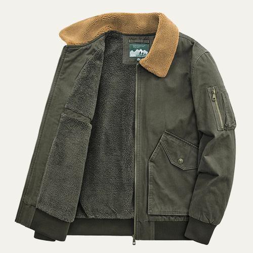 Men's sherpa-lined bomber jacket, olive green with tan shearling collar and zip pockets