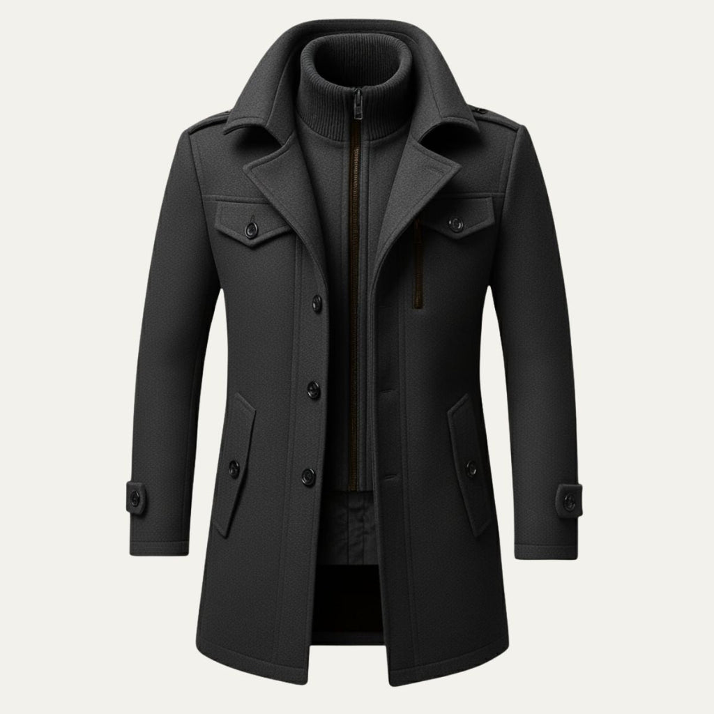 Men's gray insulated winter coat, front view with stand collar, zipper center and pockets