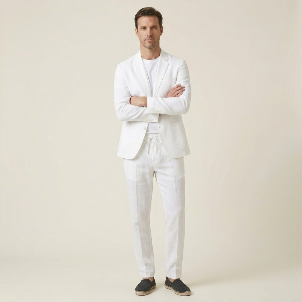 Men's cotton-linen two-piece suit set, white blazer and drawstring pants on model