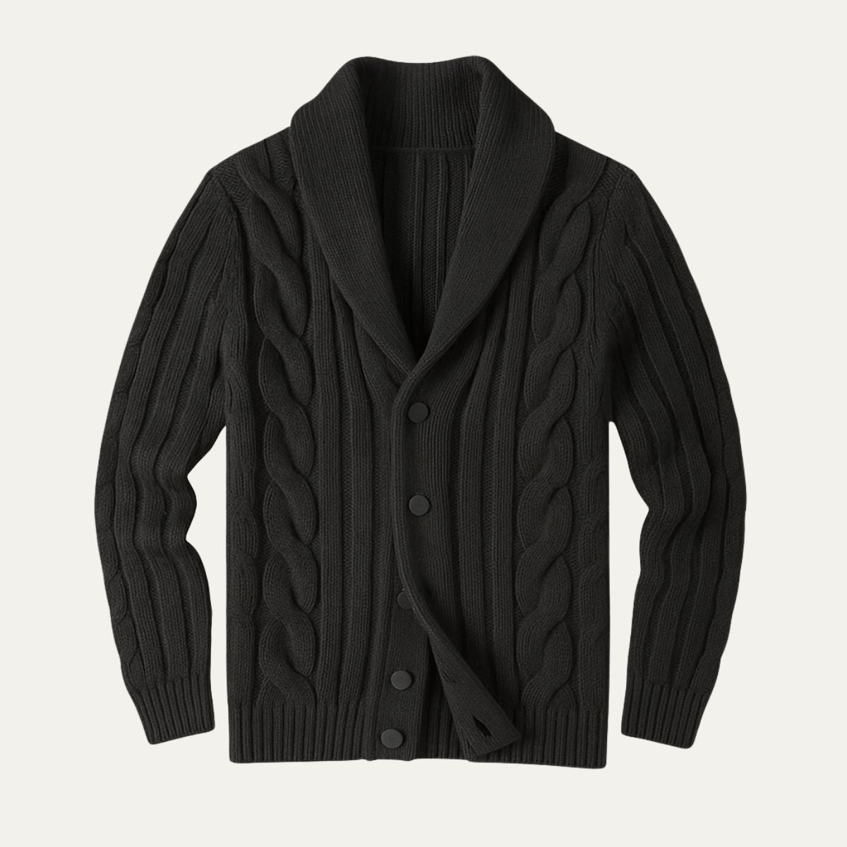 Men’s black knitted cardigan laid flat with cable knit pattern and button-front closure
