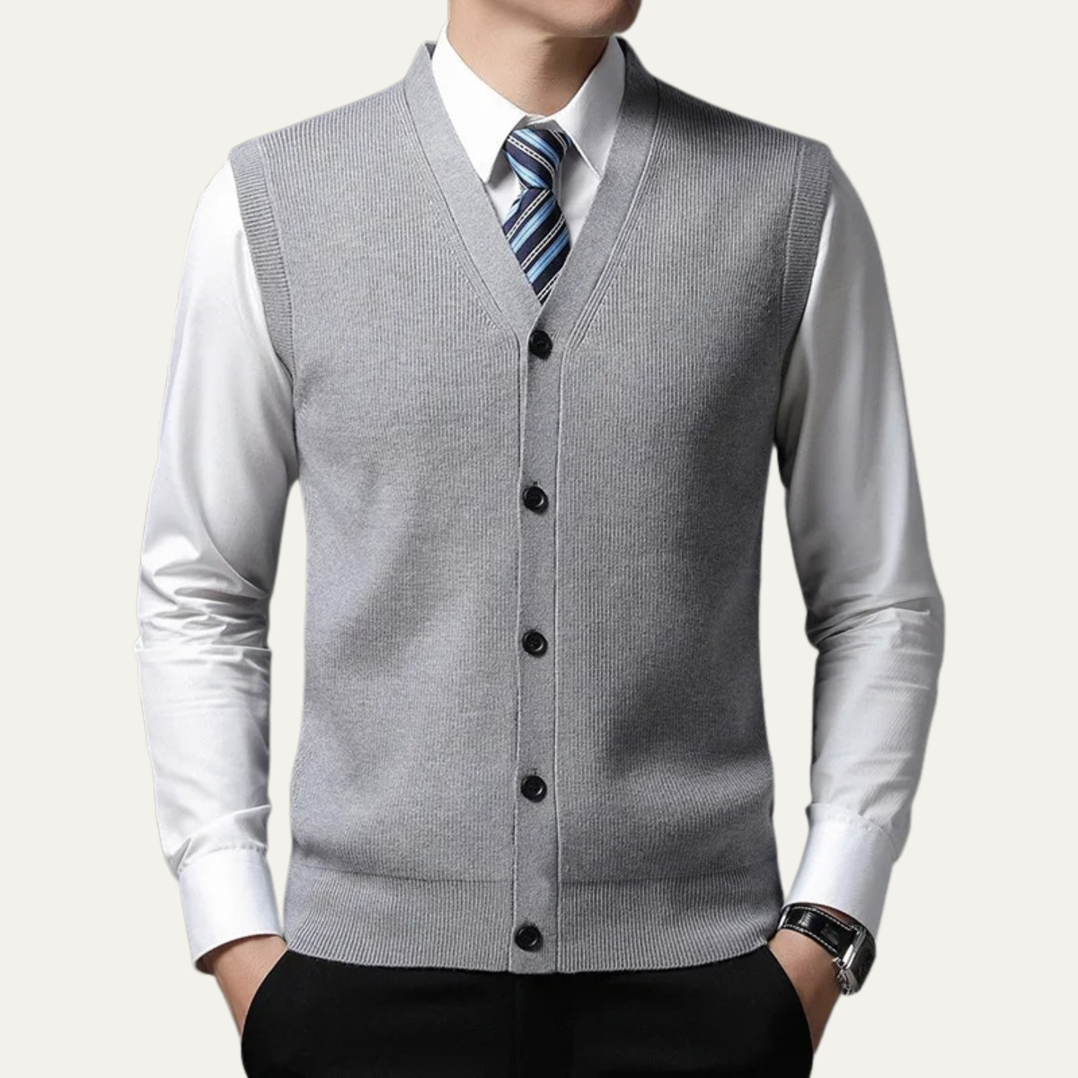 Men's gray V-neck sweater vest with button front and ribbed hem