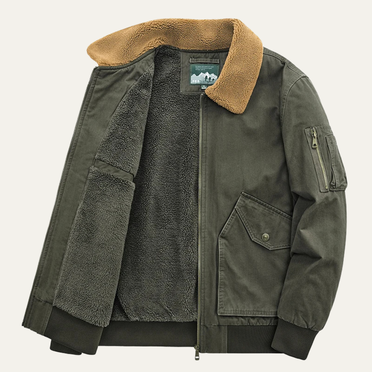 Men's army green sherpa-lined bomber jacket with tan collar and zip front