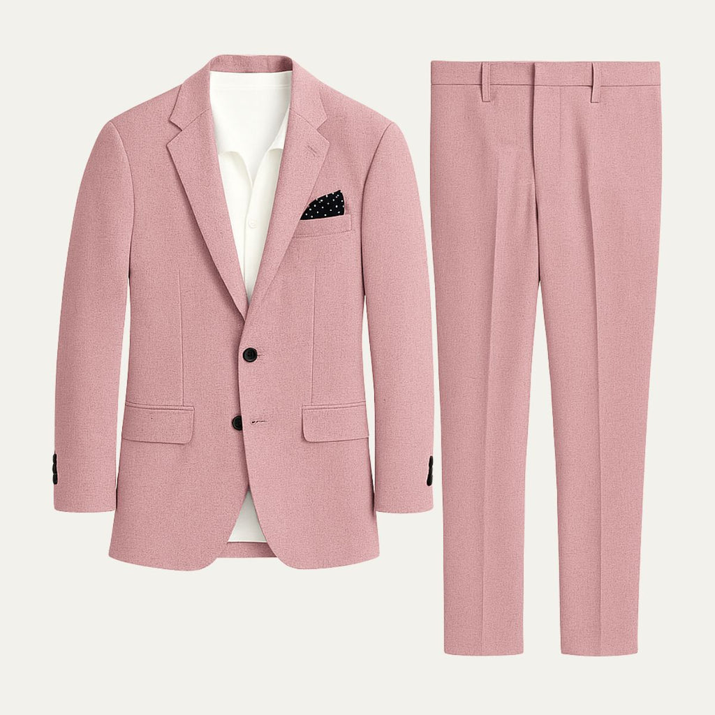 Men's pink linen suit jacket and matching trousers with white dress shirt