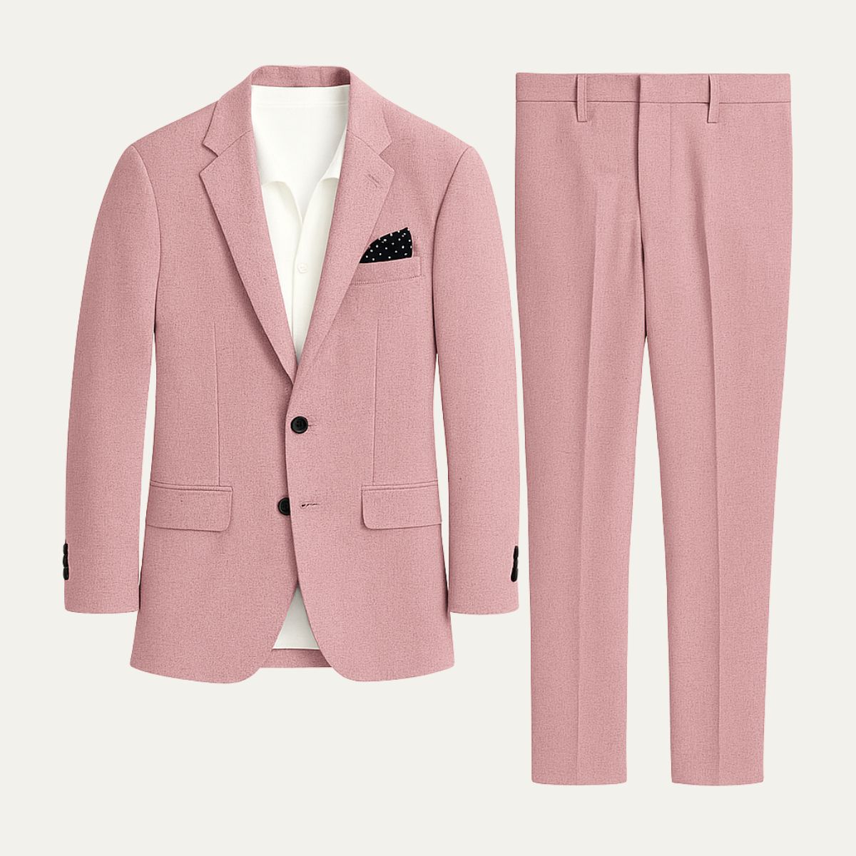 Men's pink linen suit jacket and matching trousers with white dress shirt
