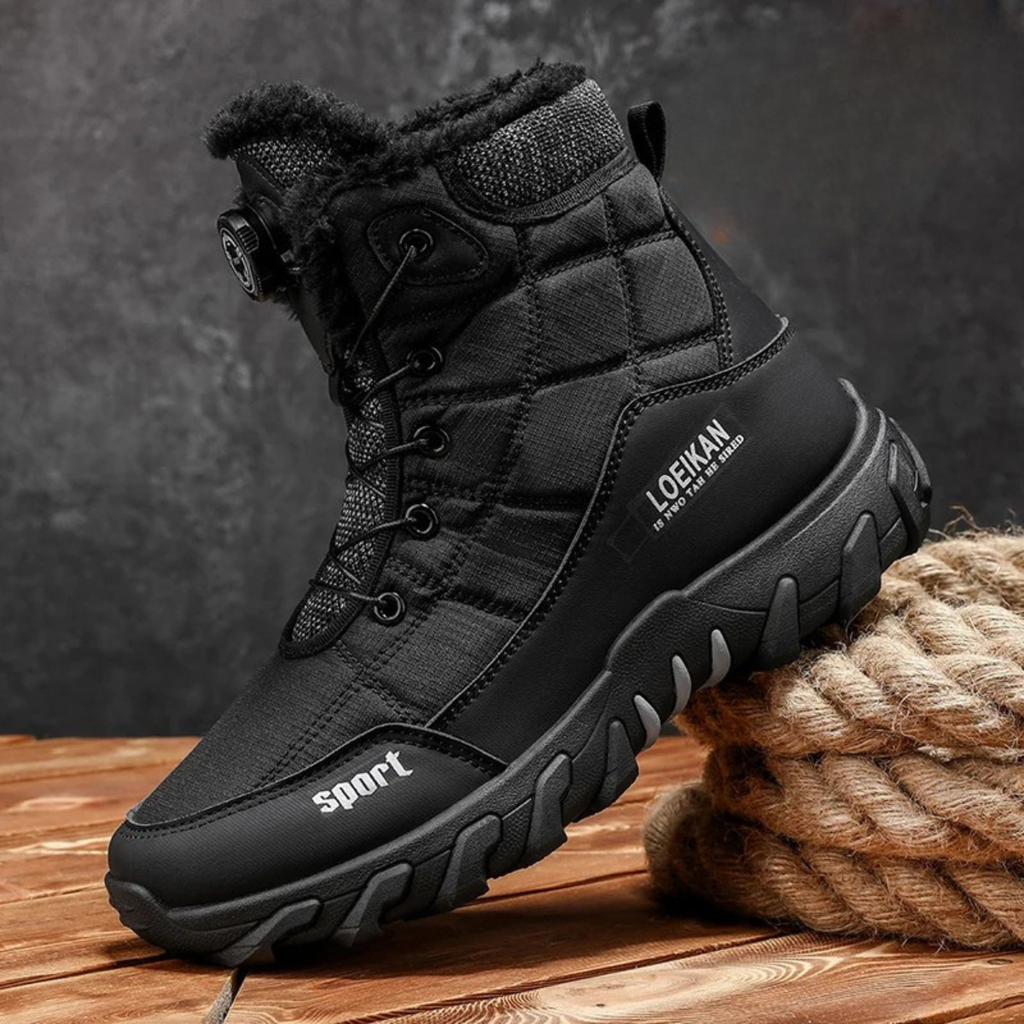 Men's black winter snow boots with textured upper, thick outsole and fur trim