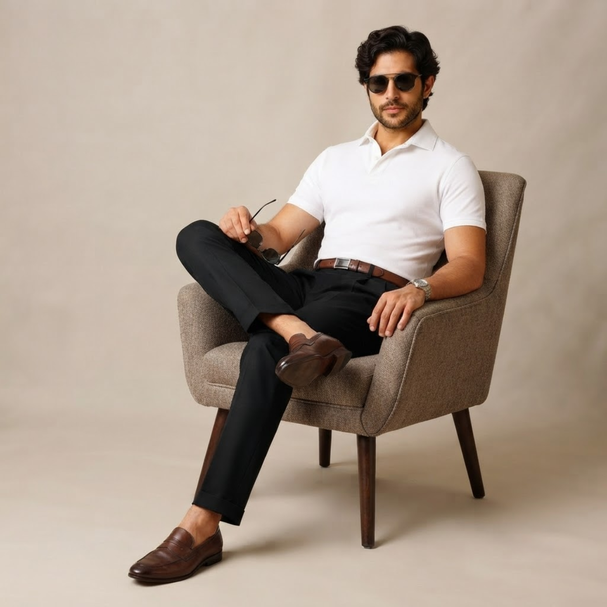 Men's double-pleated high-waist straight-leg pants in black on model