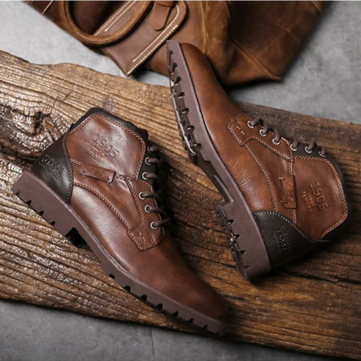 Brown leather combat boots with lace-up front, padded collar, and thick rugged outsole