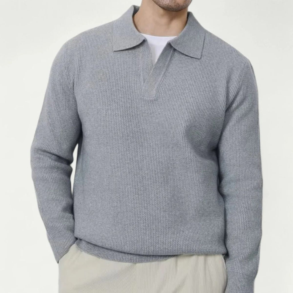 Men's gray knitted long-sleeve open-collar polo sweater with V-placket