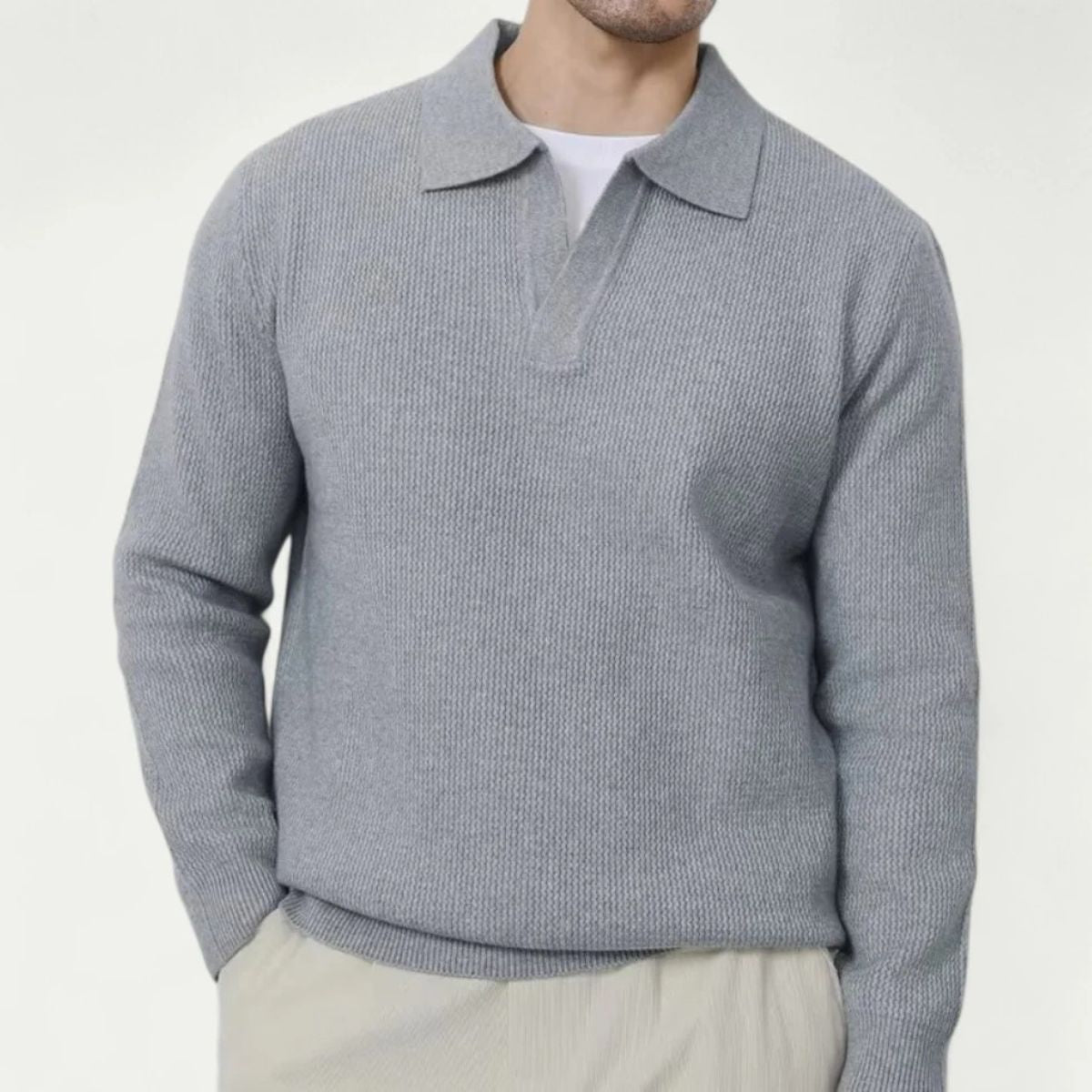 Men's gray knitted long-sleeve open-collar polo sweater with V-placket