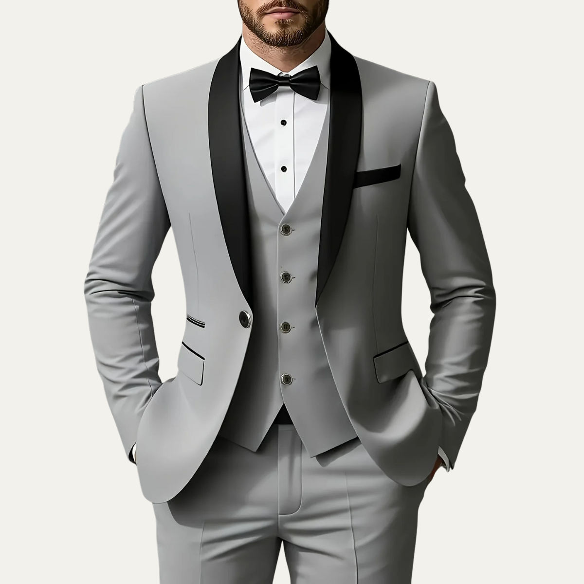 Men's light gray 3-piece suit set with tuxedo-style blazer, vest, and matching trousers