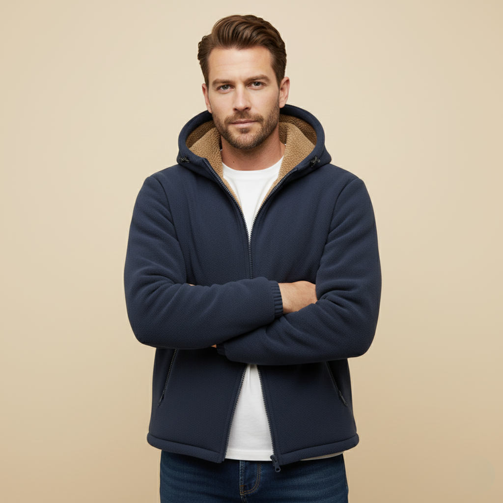 Men's fleece-lined hooded jacket, navy; model wearing with full-zip front and hood lining