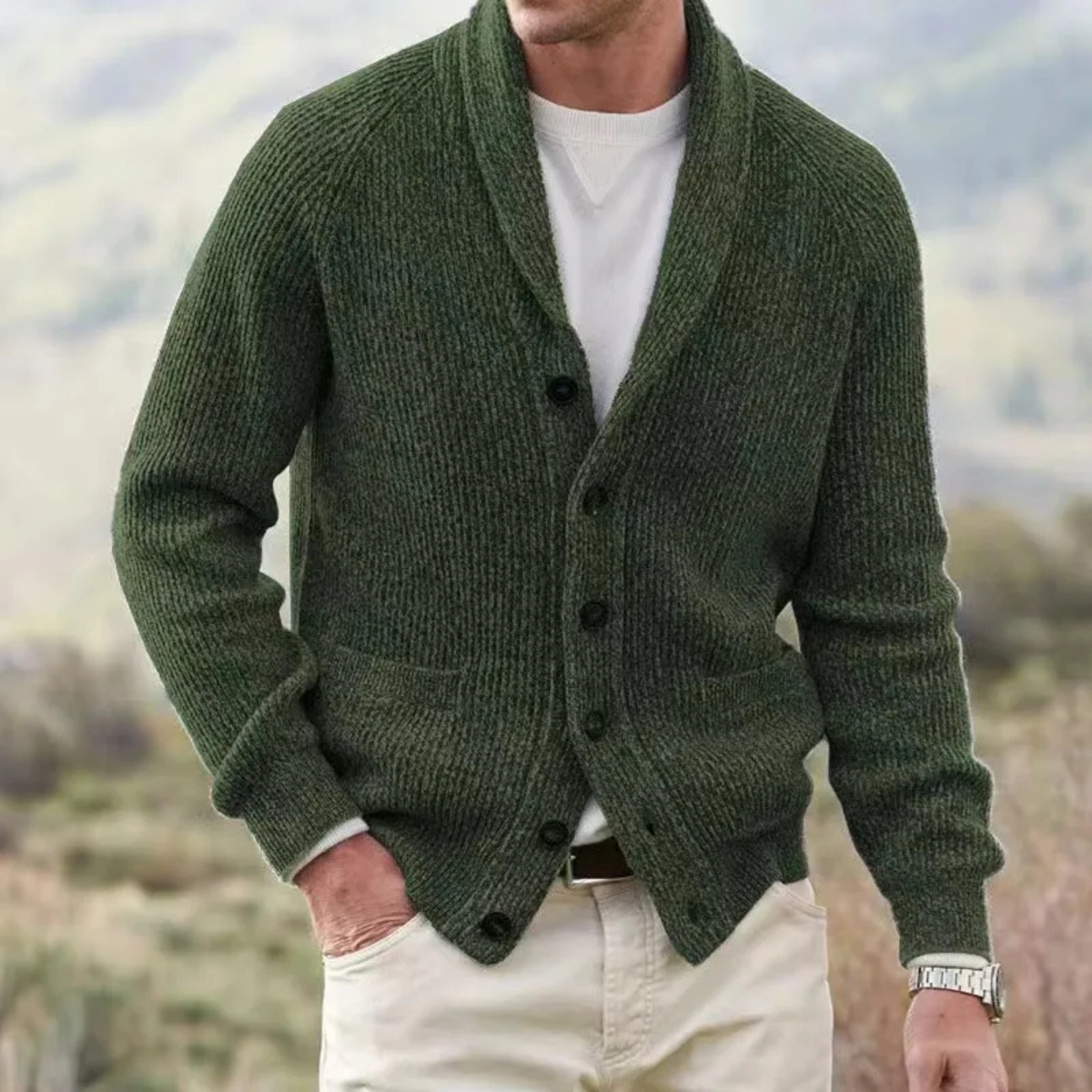 Men's warm knitted cardigan, army green, turn-down collar, button front, patch pockets