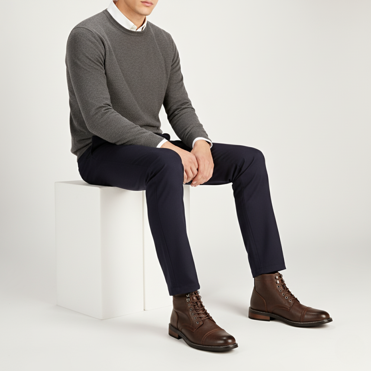 Men's dark brown lace-up ankle boots worn with navy pants