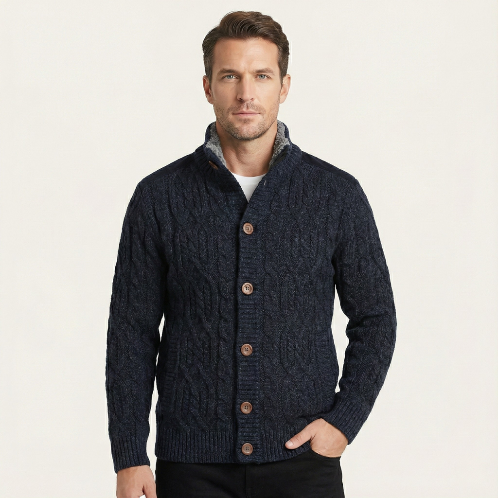Men's fleece-lined wool cardigan, navy cable-knit, button front, gray sherpa-lined inner collar