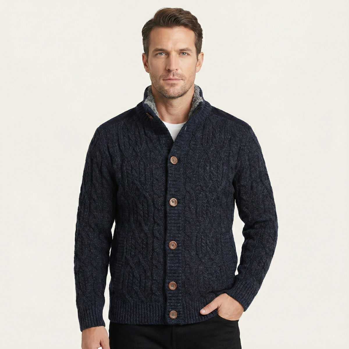 Men's fleece-lined wool cardigan, navy cable-knit, button front, gray sherpa-lined inner collar